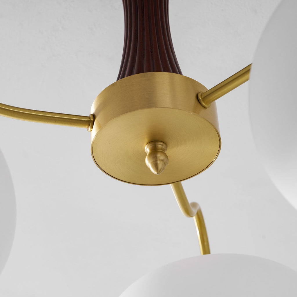 Chandelier, Persimmon Brass & Wood, White Glass Shades, E26/E27