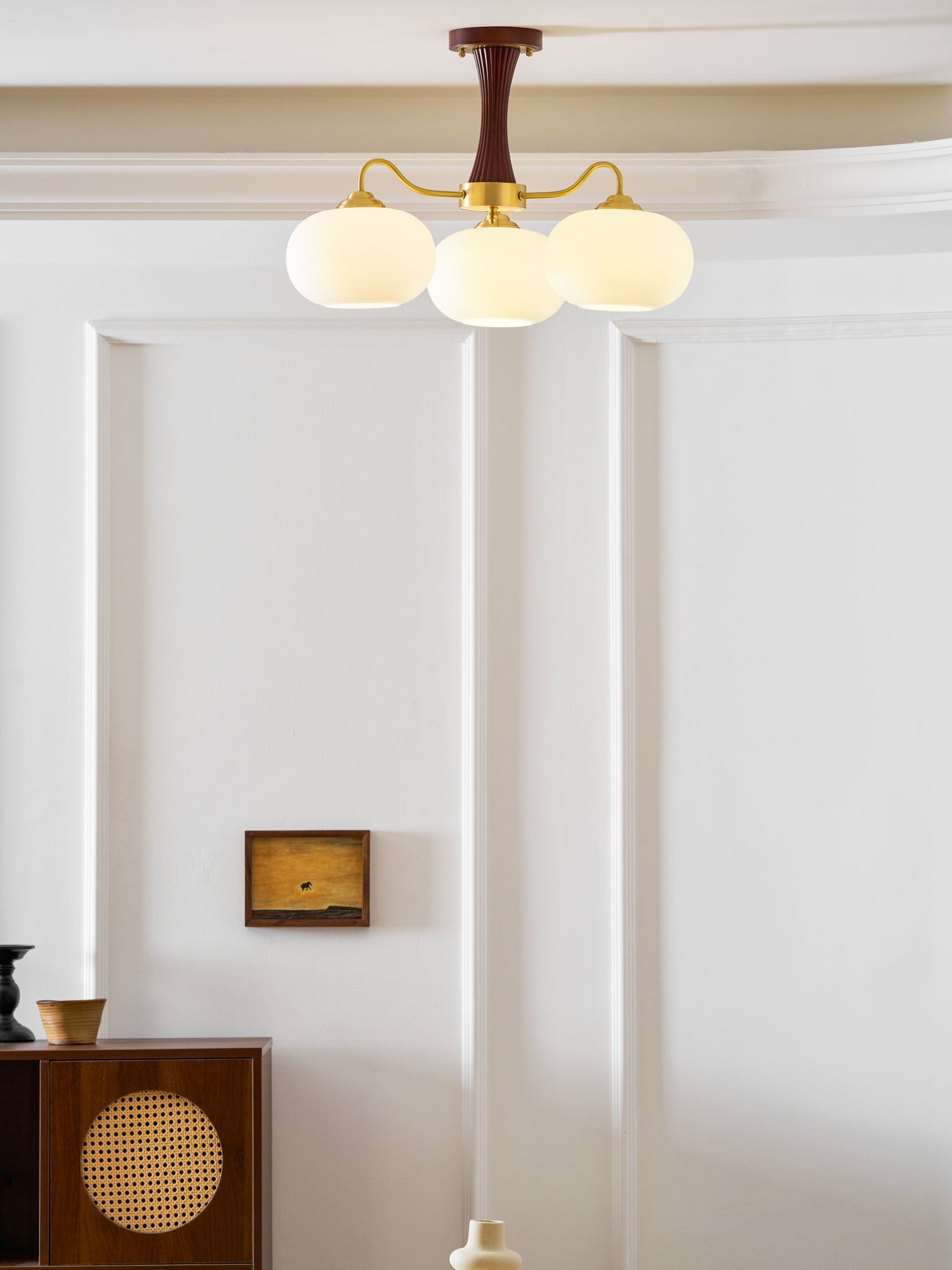 Chandelier, Persimmon Brass & Wood, White Glass Shades, E26/E27