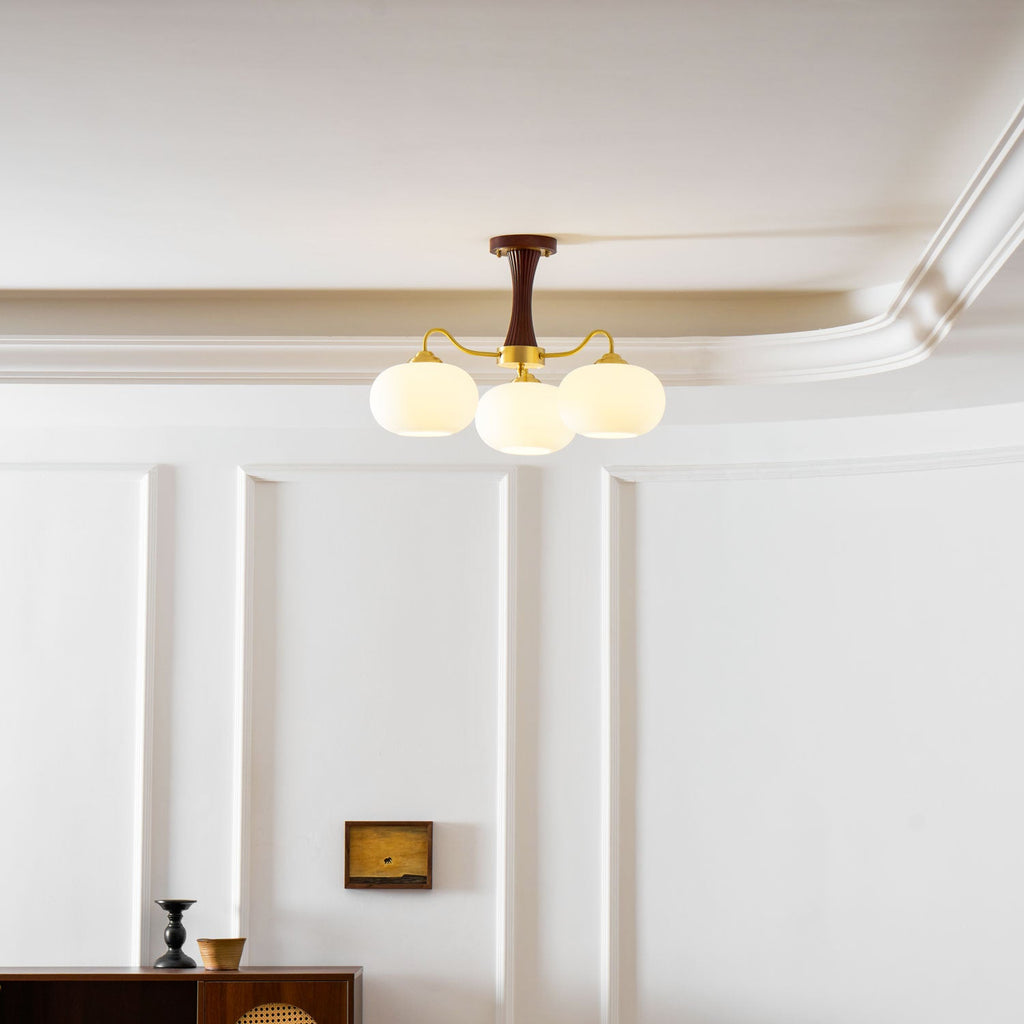 Chandelier, Persimmon Brass & Wood, White Glass Shades, E26/E27