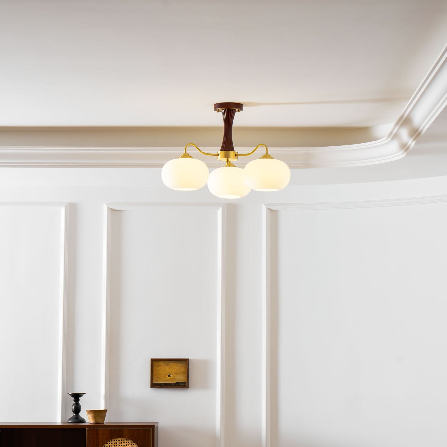 Chandelier, Persimmon Brass & Wood, White Glass Shades, E26/E27