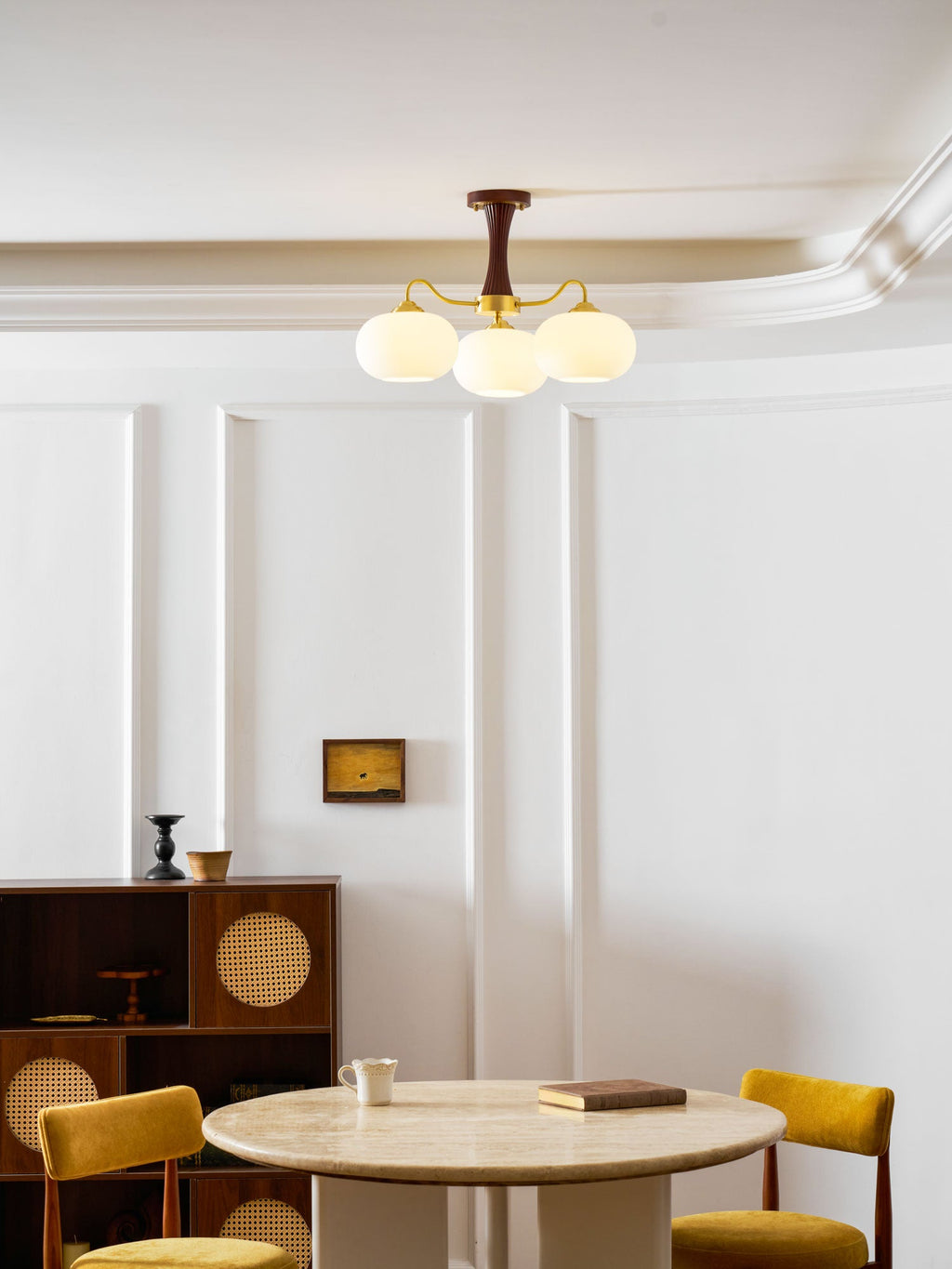 Chandelier, Persimmon Brass & Wood, White Glass Shades, E26/E27