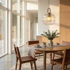 Pendellampe, skandinavisk stil, messingramme, ribbet glasaccent