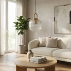 Pendellampe, skandinavisk stil, messingramme, ribbet glasaccent