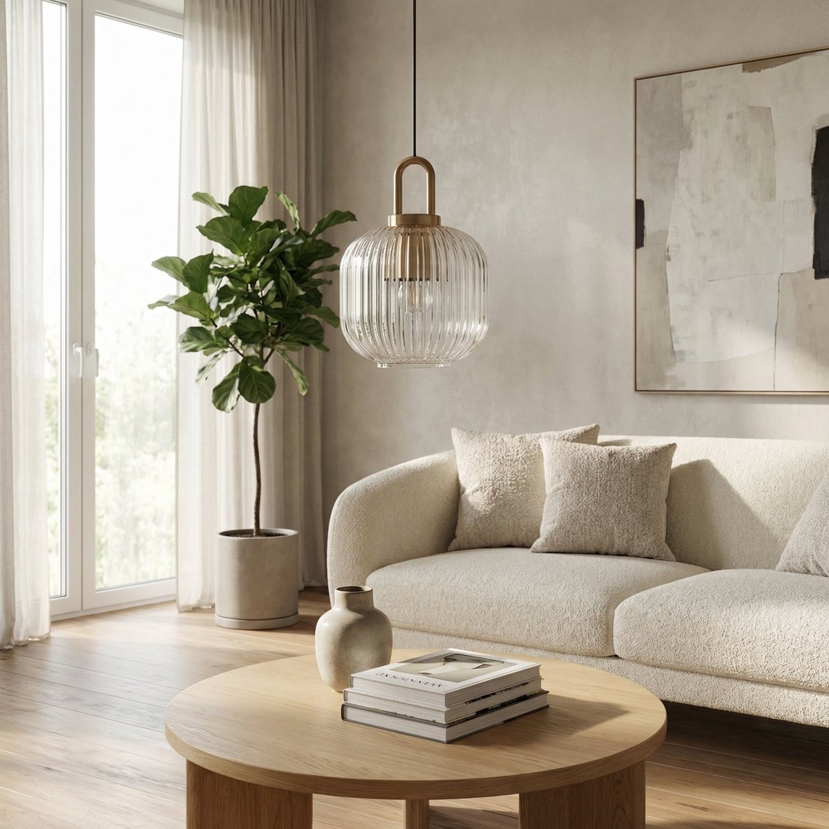 Pendellampe, skandinavisk stil, messingramme, ribbet glasaccent