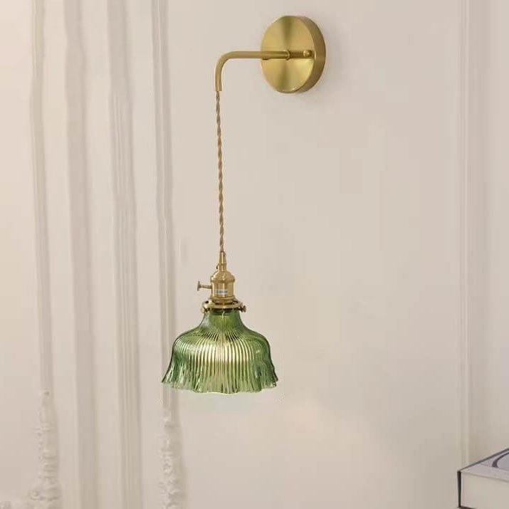 Aplique de Parede em Latão Nórdico, Cúpula de Vidro Verde em Forma de Flor, Luminária de Uma Lâmpada