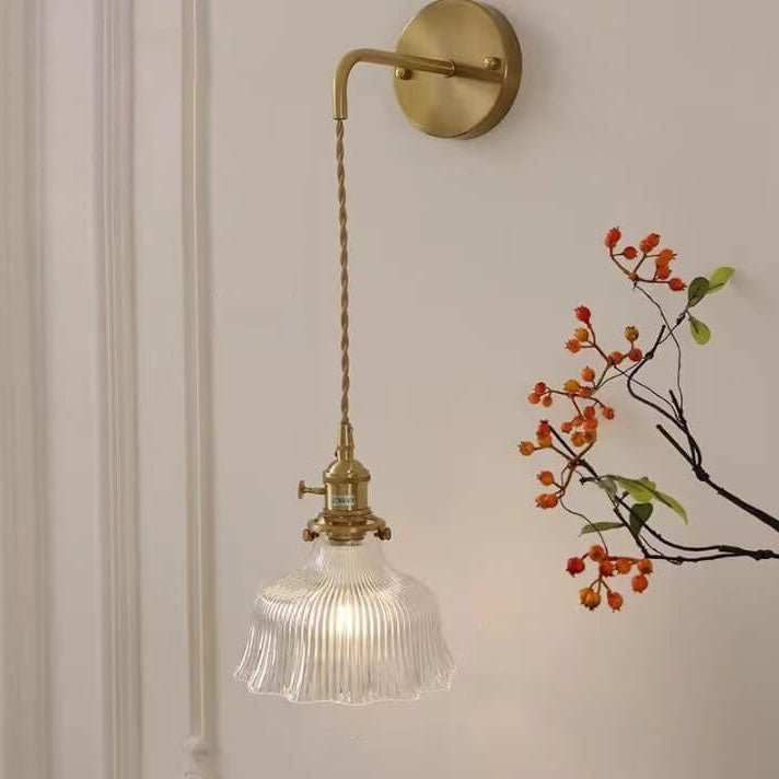 Aplique de Parede em Latão Nórdico, Cúpula de Vidro Verde em Forma de Flor, Luminária de Uma Lâmpada