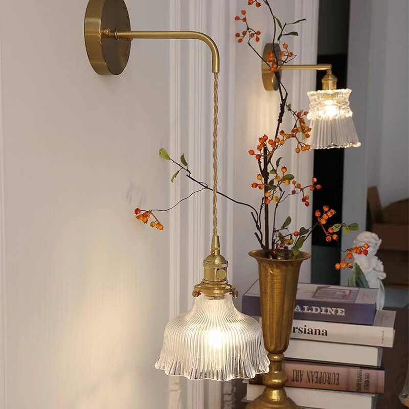 Aplique de Parede em Latão Nórdico, Cúpula de Vidro Verde em Forma de Flor, Luminária de Uma Lâmpada