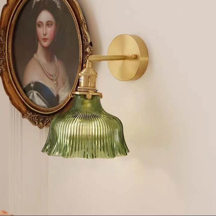 Aplique de Parede em Latão Nórdico, Cúpula de Vidro Verde em Forma de Flor, Luminária de Uma Lâmpada