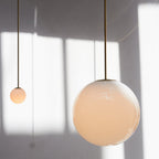 Opal Glass Globe Pendant Light, Brass Rod, Mouth-Blown, E27