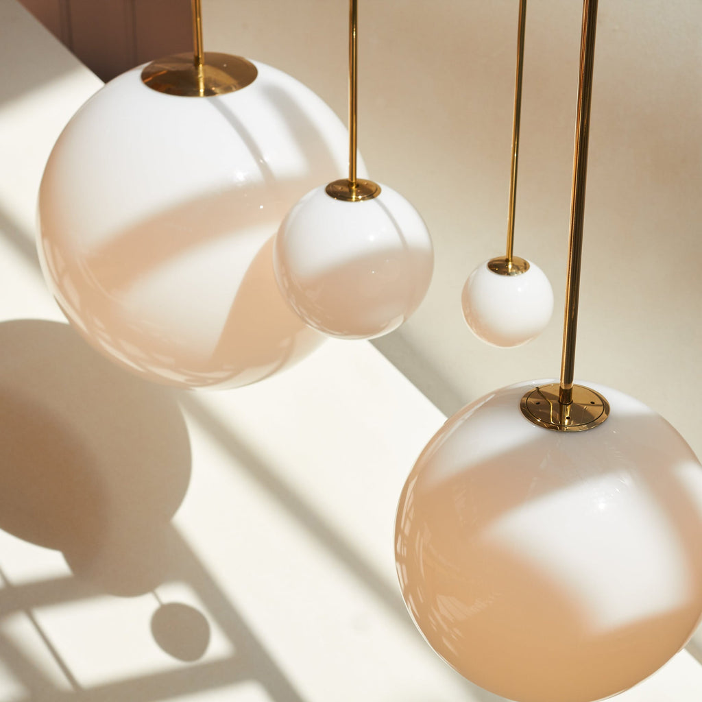 Opal Glass Globe Pendant Light, Brass Rod, Mouth-Blown, E27
