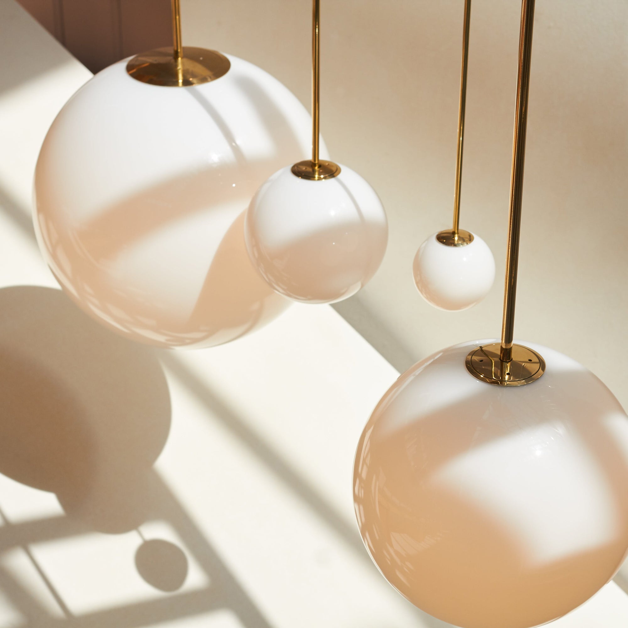 Opal Glass Globe Pendant Light, Brass Rod, Mouth-Blown, E27