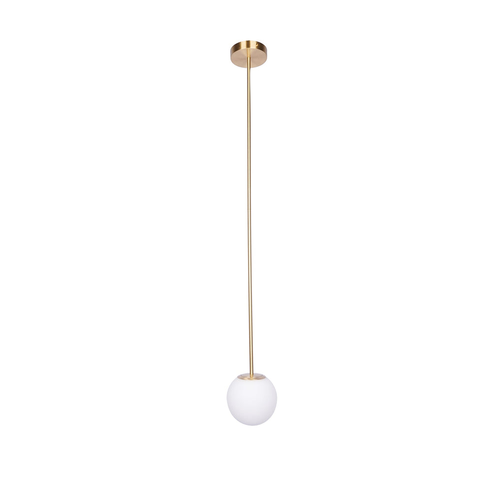 Opal Glass Globe Pendant Light, Brass Rod, Mouth-Blown, E27