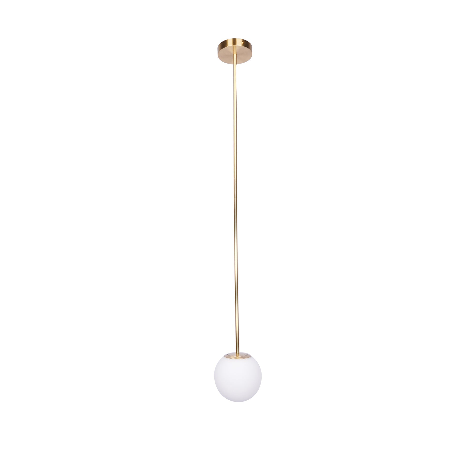 Opal Glass Globe Pendant Light, Brass Rod, Mouth-Blown, E27