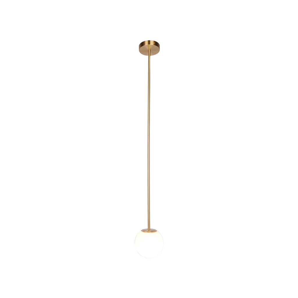 Opal Glass Globe Pendant Light, Brass Rod, Mouth-Blown, E27