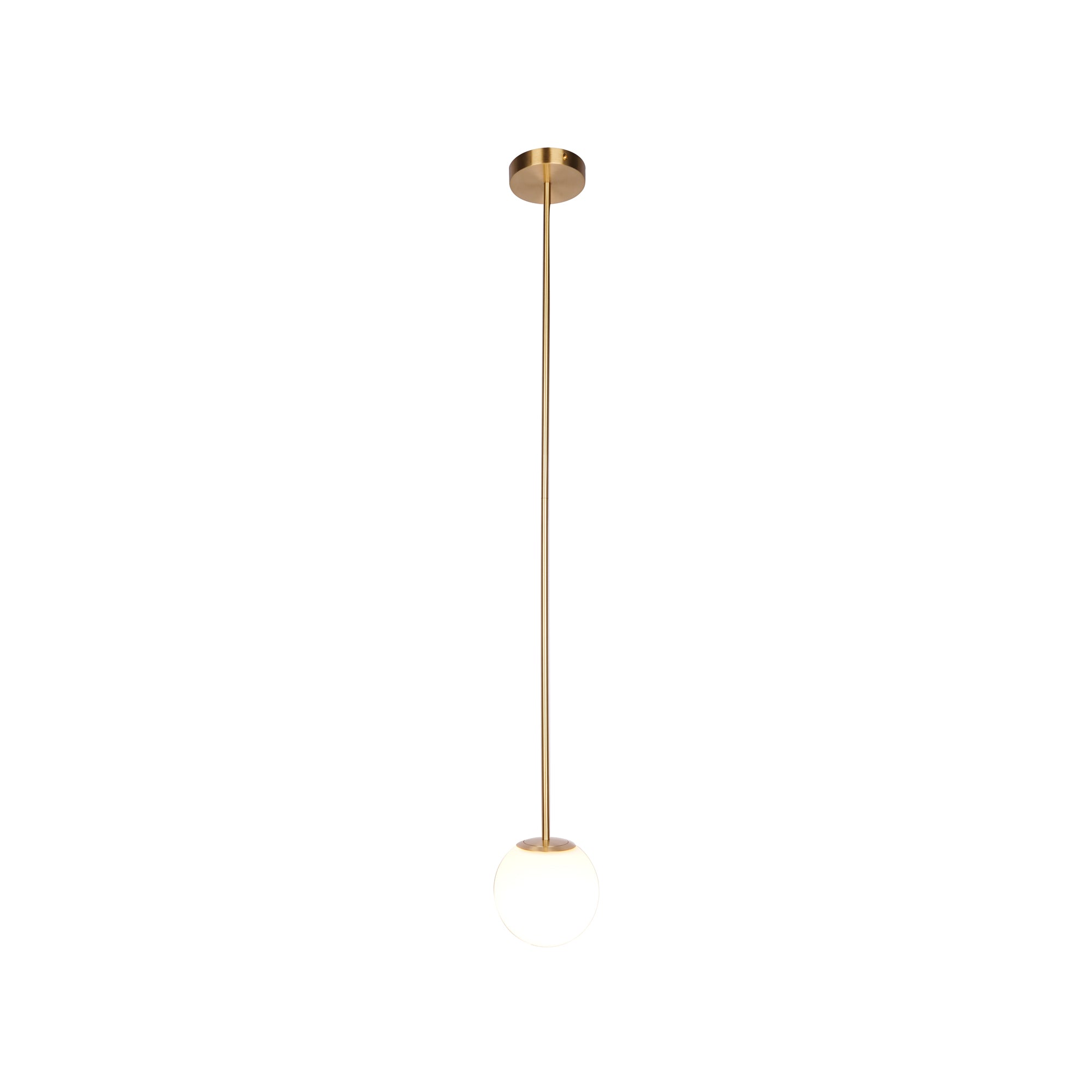 Opal Glass Globe Pendant Light, Brass Rod, Mouth-Blown, E27