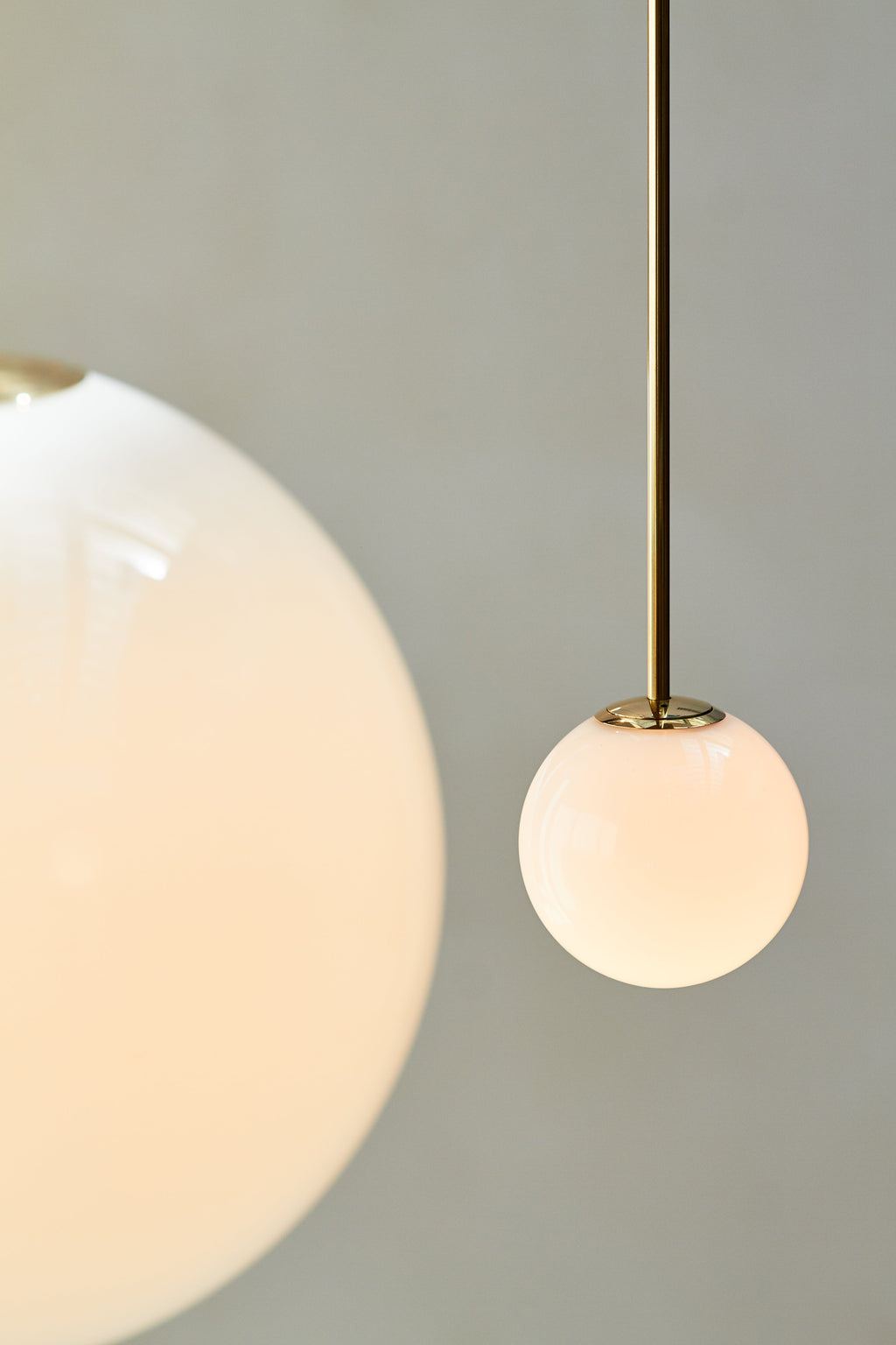 Opal Glass Globe Pendant Light, Brass Rod, Mouth-Blown, E27