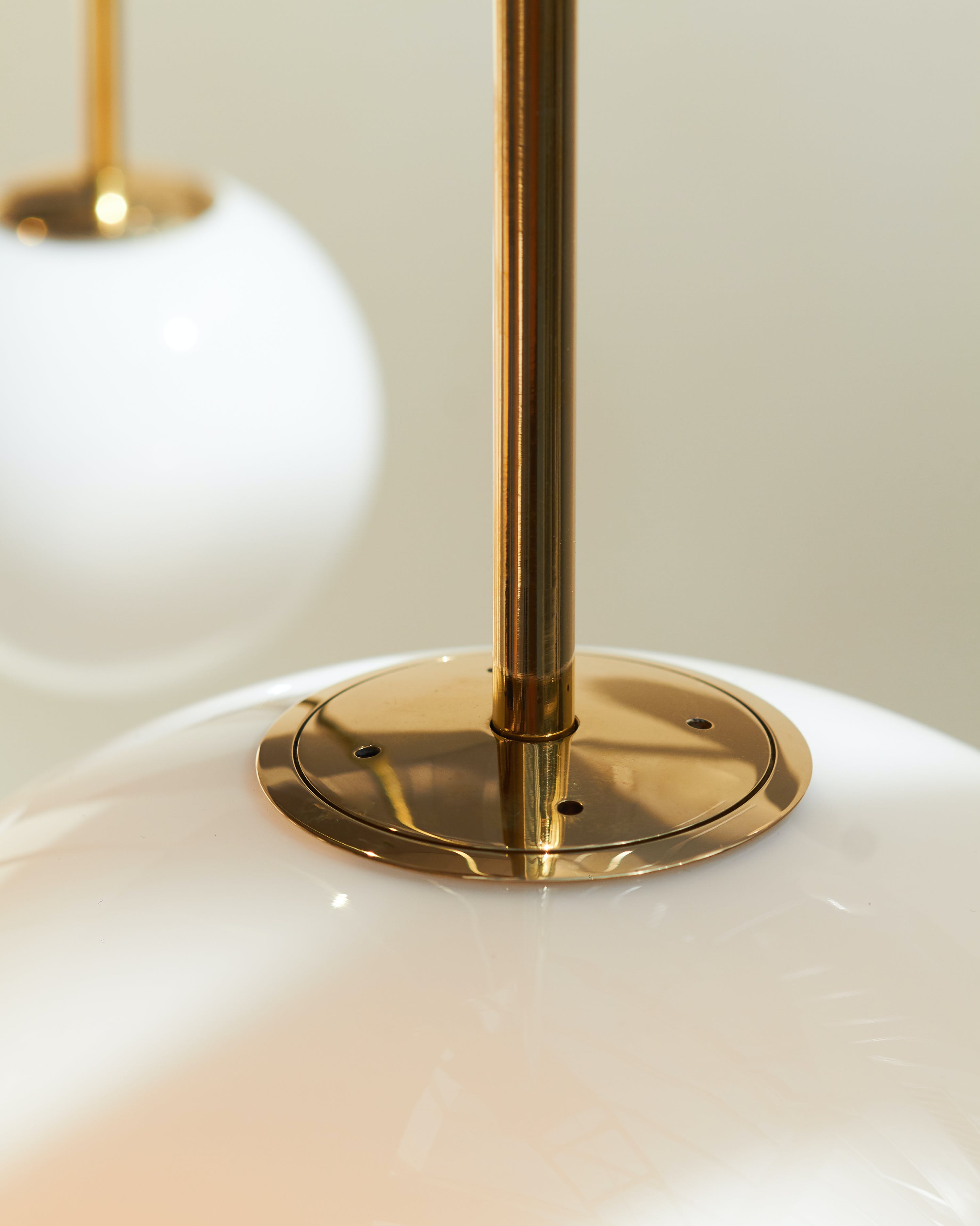 Opal Glass Globe Pendant Light, Brass Rod, Mouth-Blown, E27