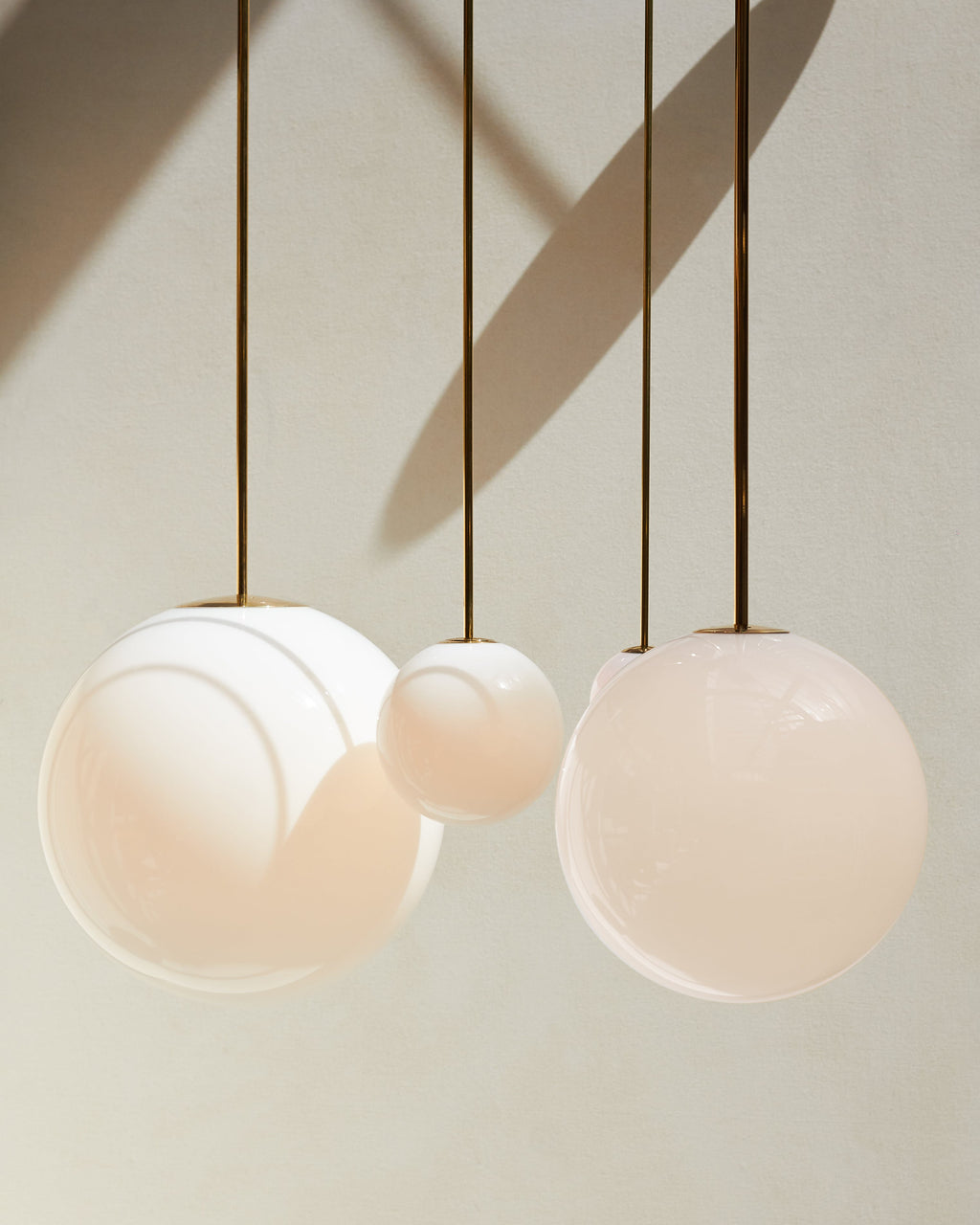 Opal Glass Globe Pendant Light, Brass Rod, Mouth-Blown, E27
