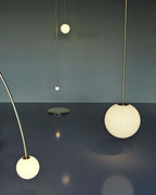 Opal Glass Globe Pendant Light, Brass Rod, Mouth-Blown, E27