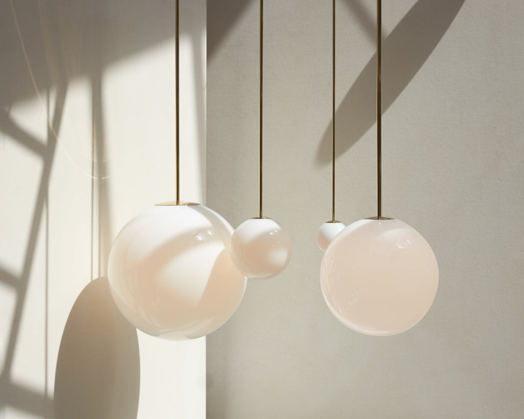 Opal Glass Globe Pendant Light, Brass Rod, Mouth-Blown, E27