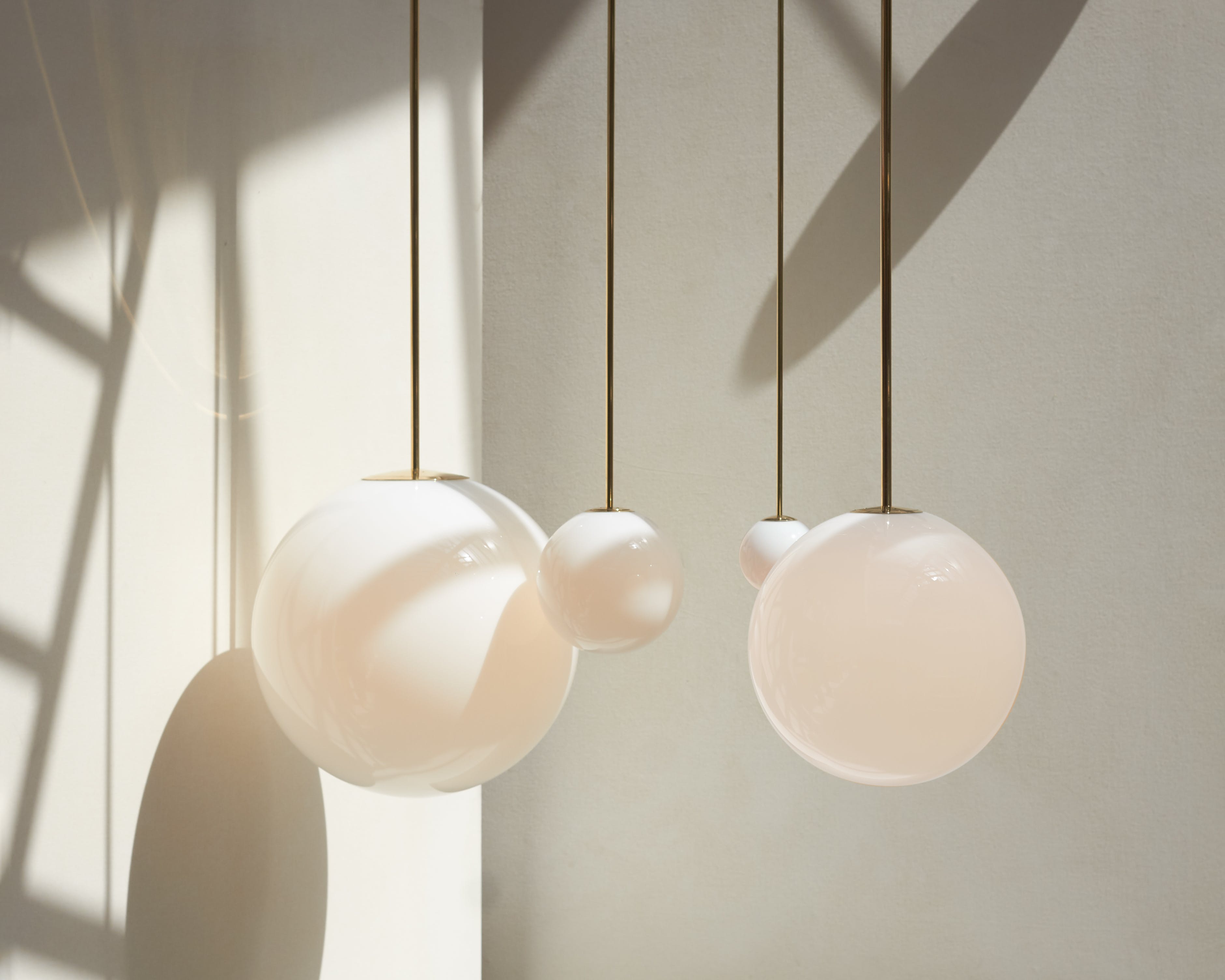 Opal Glass Globe Pendant Light, Brass Rod, Mouth-Blown, E27