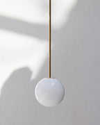 Opal Glass Globe Pendant Light, Brass Rod, Mouth-Blown, E27