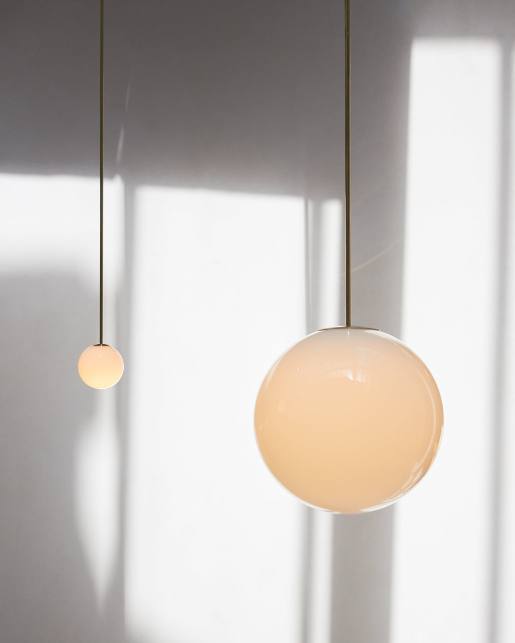Opal Glass Globe Pendant Light, Brass Rod, Mouth-Blown, E27