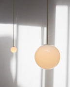 Opal Glass Globe Pendant Light, Brass Rod, Mouth-Blown, E27