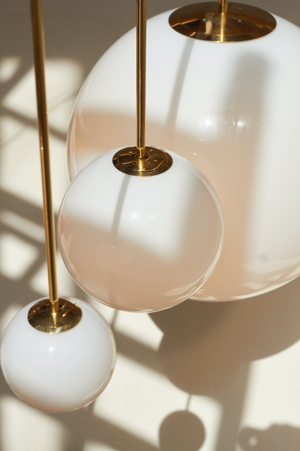 Opal Glass Globe Pendant Light, Brass Rod, Mouth-Blown, E27