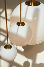 Opal Glass Globe Pendant Light, Brass Rod, Mouth-Blown, E27
