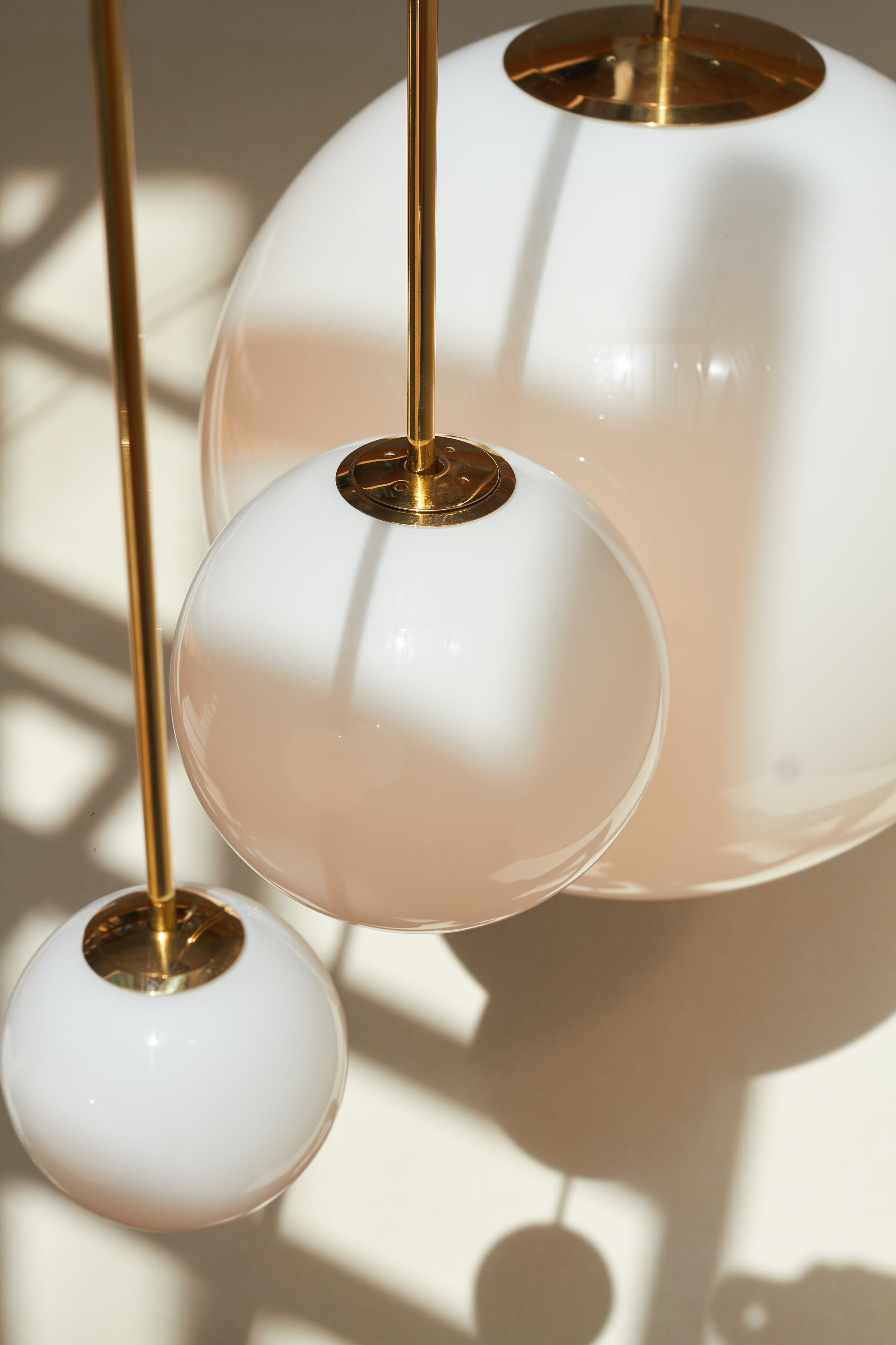 Opal Glass Globe Pendant Light, Brass Rod, Mouth-Blown, E27