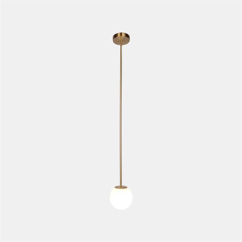 Opal Glass Globe Pendant Light, Brass Rod, Mouth-Blown, E27