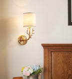 Deer Head Wall Light, Brass or Blackened, White Linen Shades, E14