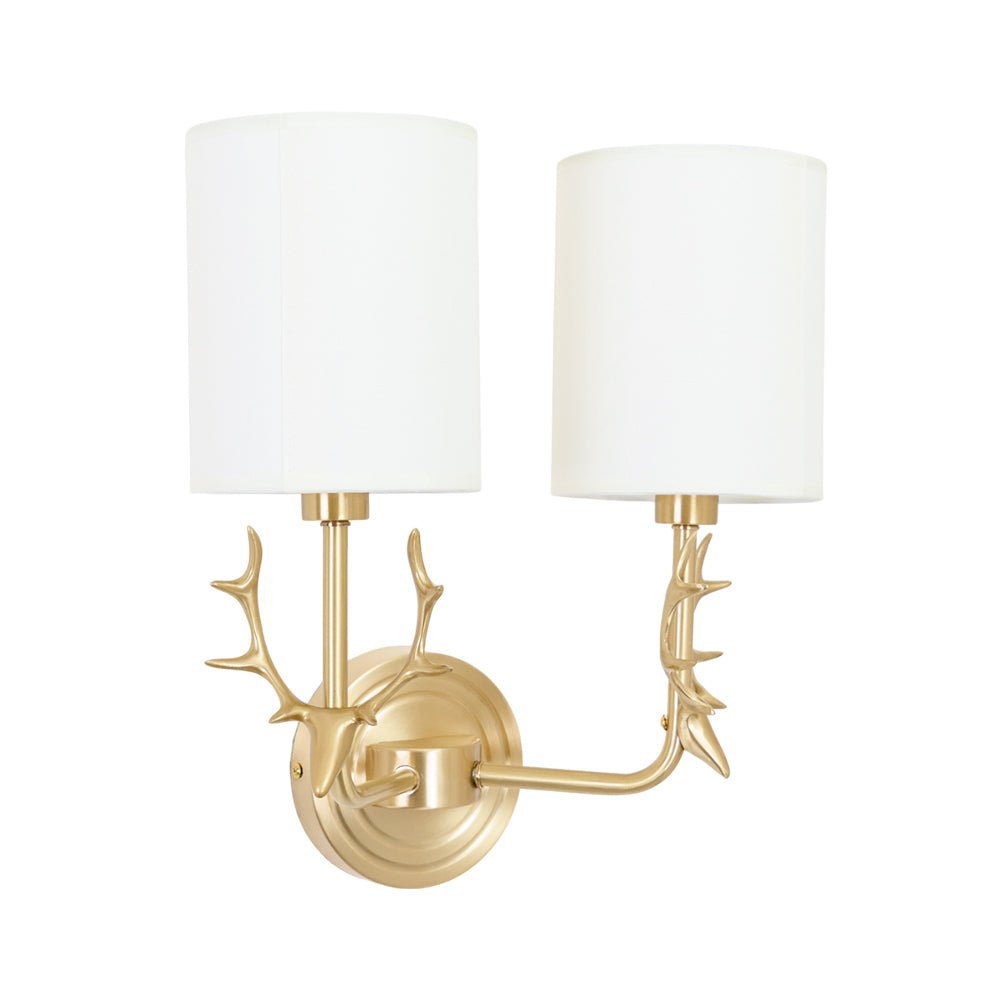 Deer Head Wall Light, Brass or Blackened, White Linen Shades, E14