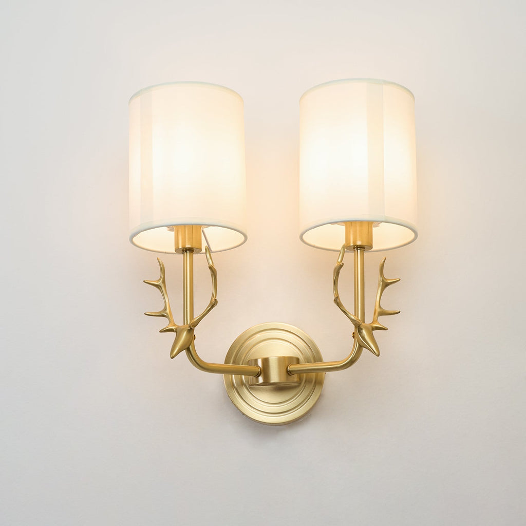 Deer Head Wall Light, Brass or Blackened, White Linen Shades, E14