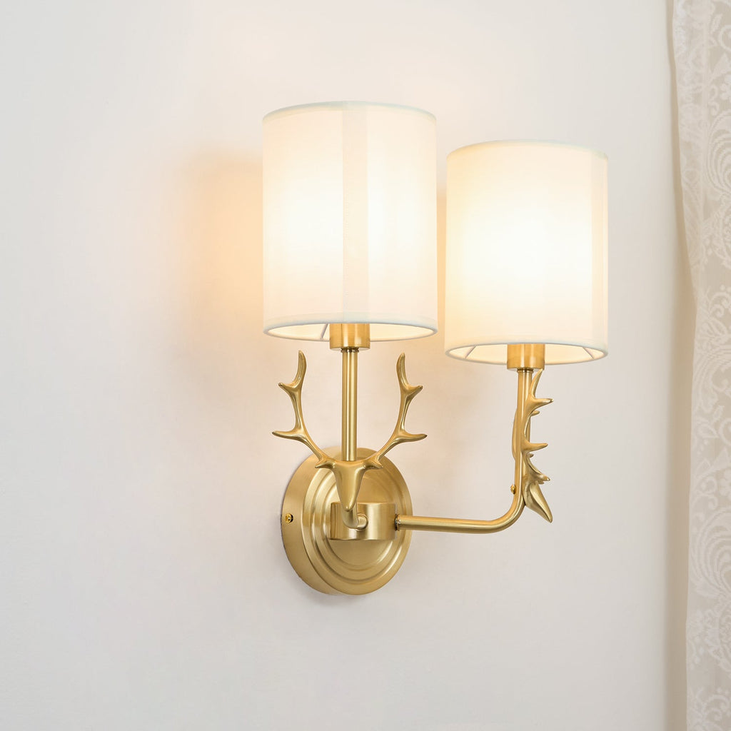 Deer Head Wall Light, Brass or Blackened, White Linen Shades, E14