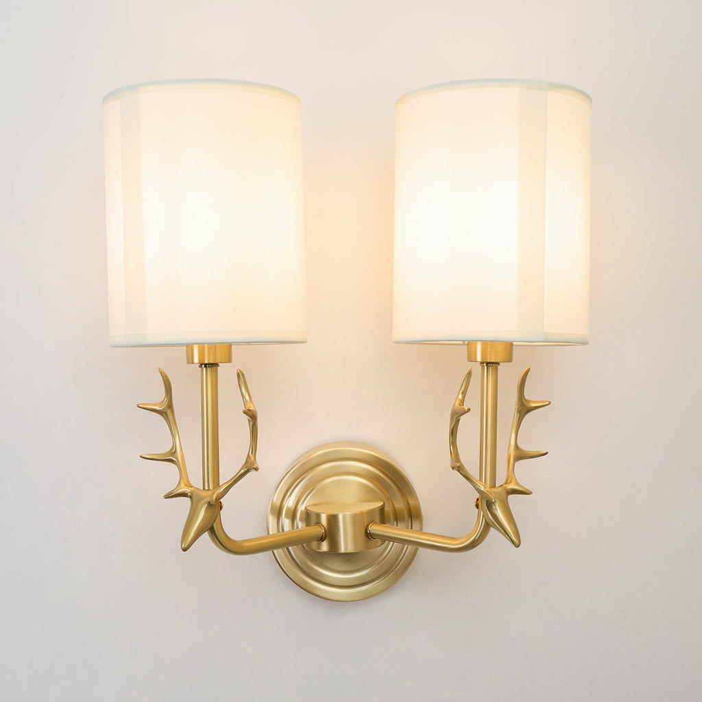 Deer Head Wall Light, Brass or Blackened, White Linen Shades, E14