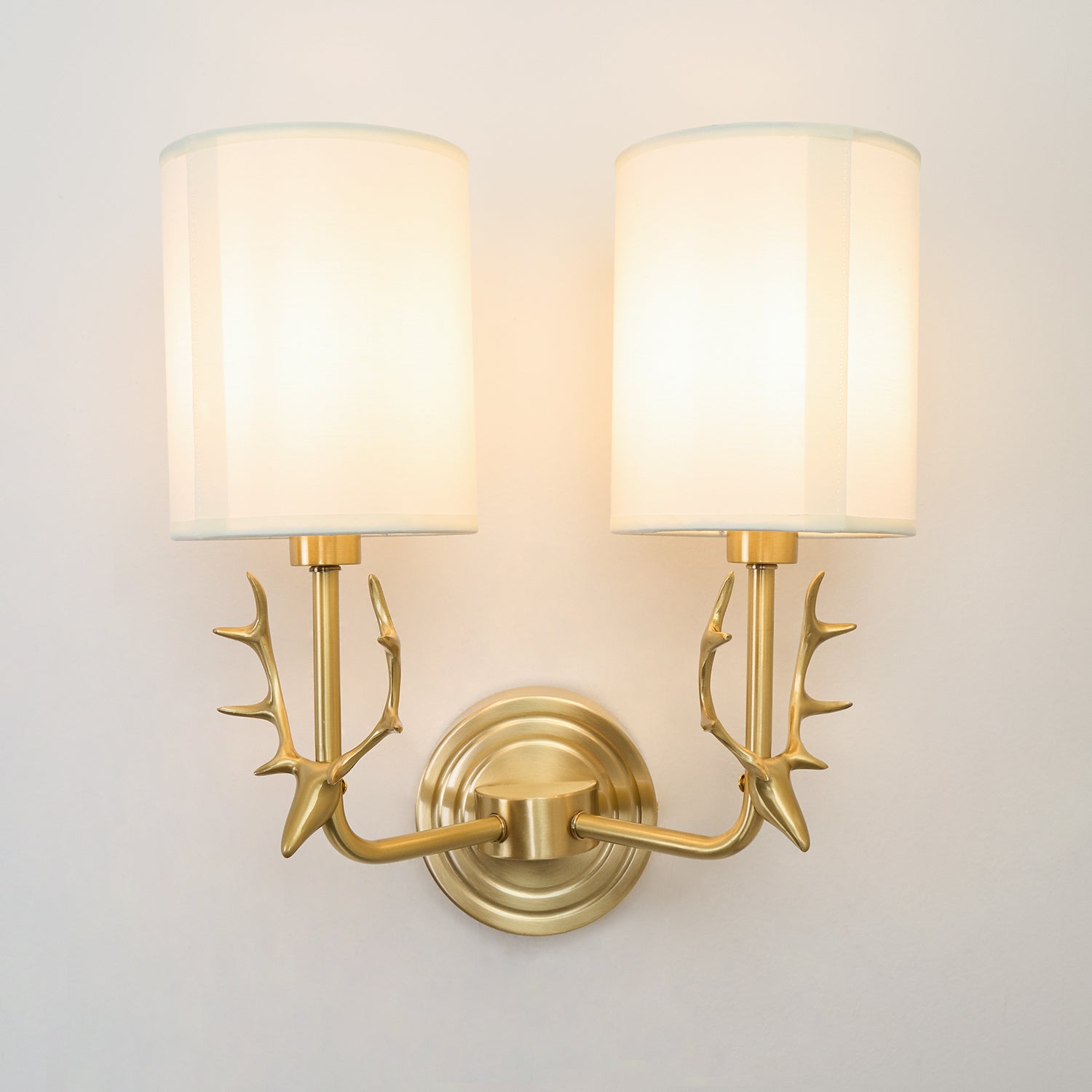Deer Head Wall Light, Brass or Blackened, White Linen Shades, E14