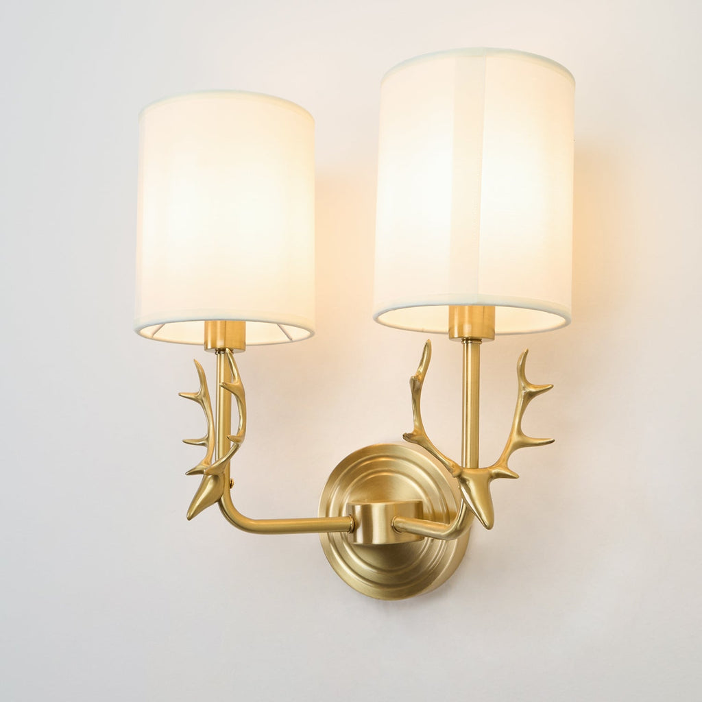 Deer Head Wall Light, Brass or Blackened, White Linen Shades, E14