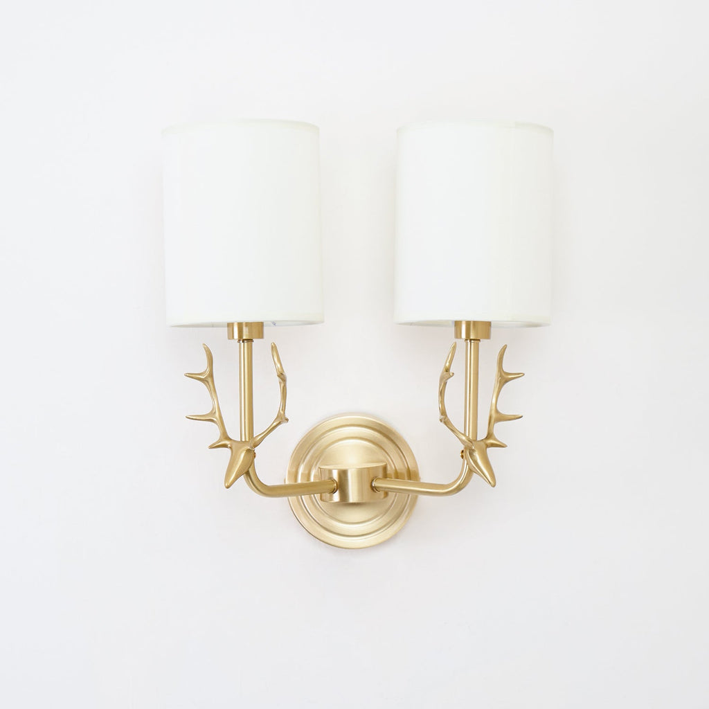 Deer Head Wall Light, Brass or Blackened, White Linen Shades, E14