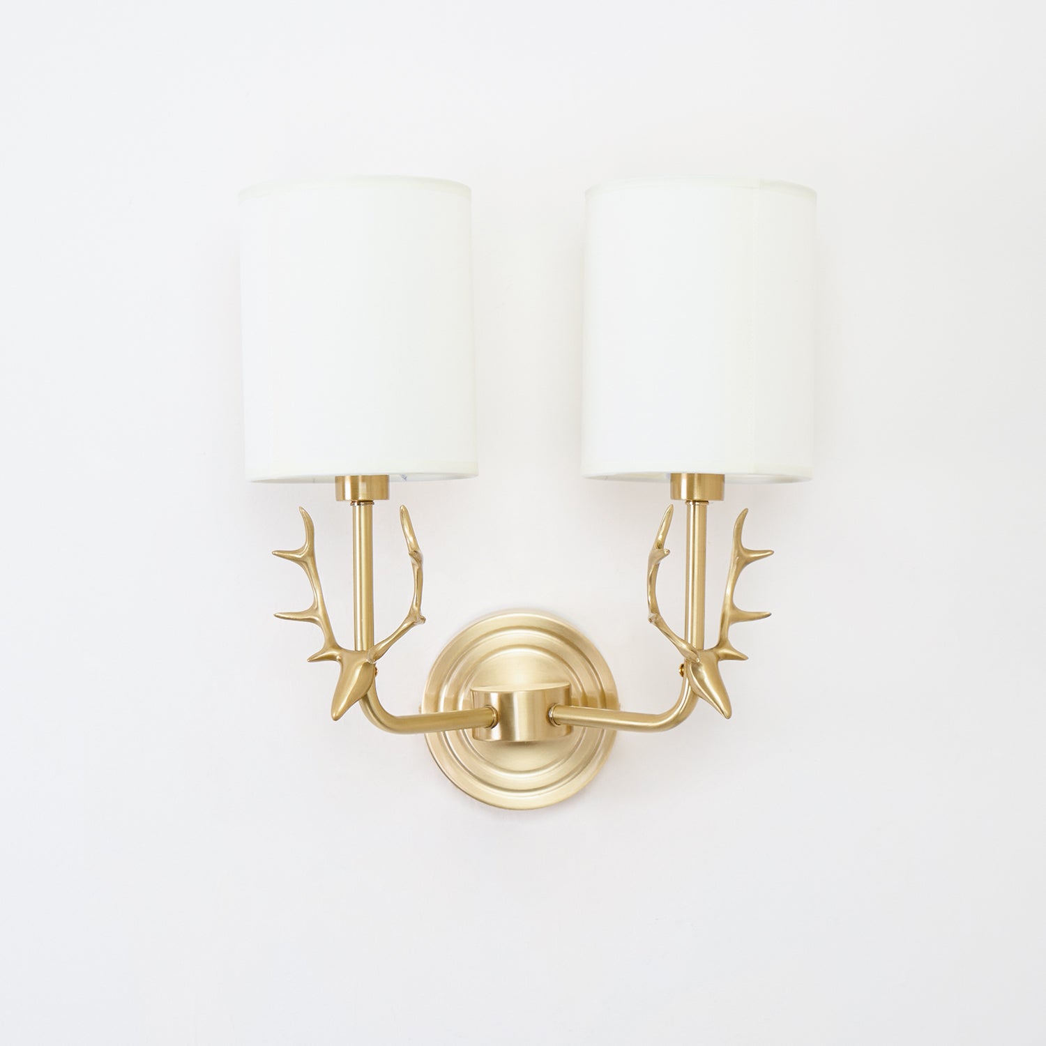 Deer Head Wall Light, Brass or Blackened, White Linen Shades, E14