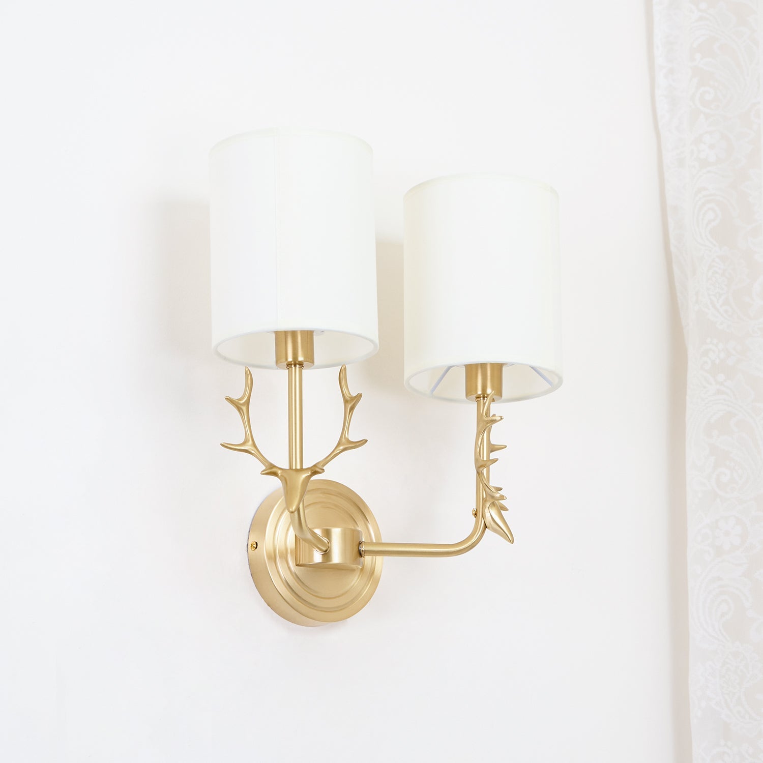 Deer Head Wall Light, Brass or Blackened, White Linen Shades, E14
