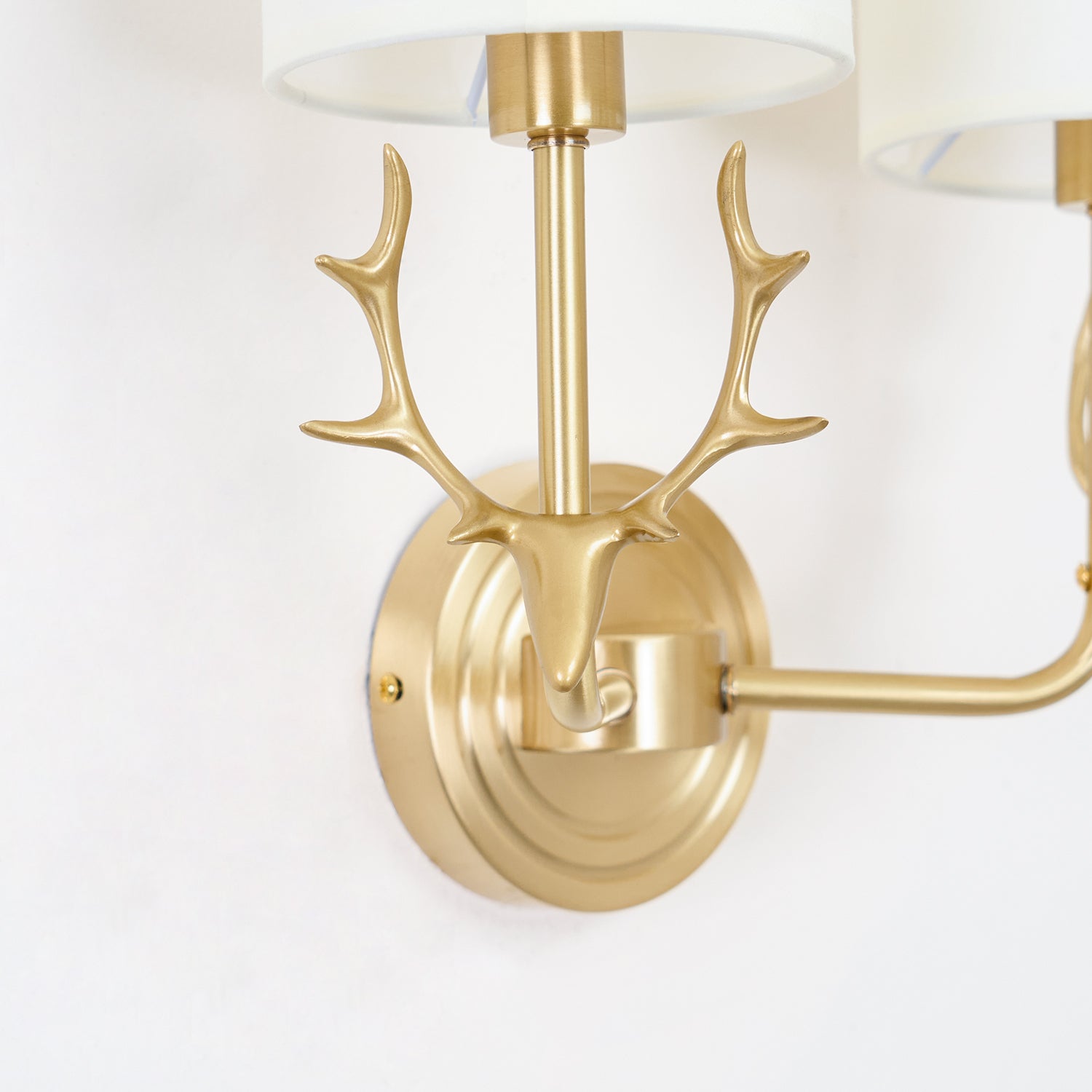Deer Head Wall Light, Brass or Blackened, White Linen Shades, E14