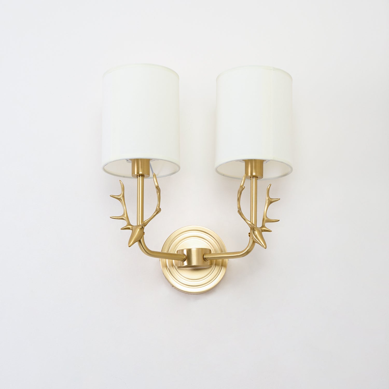 Deer Head Wall Light, Brass or Blackened, White Linen Shades, E14