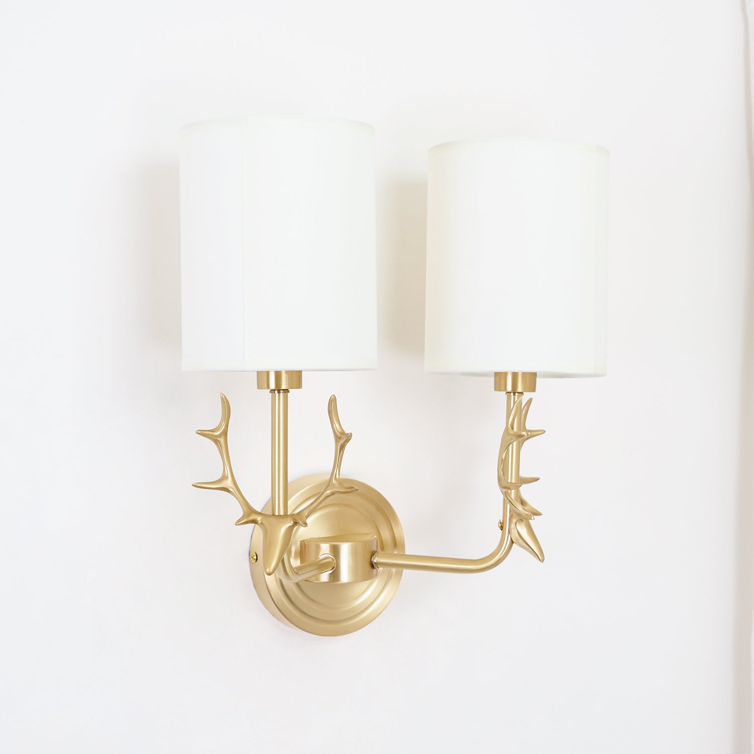 Deer Head Wall Light, Brass or Blackened, White Linen Shades, E14