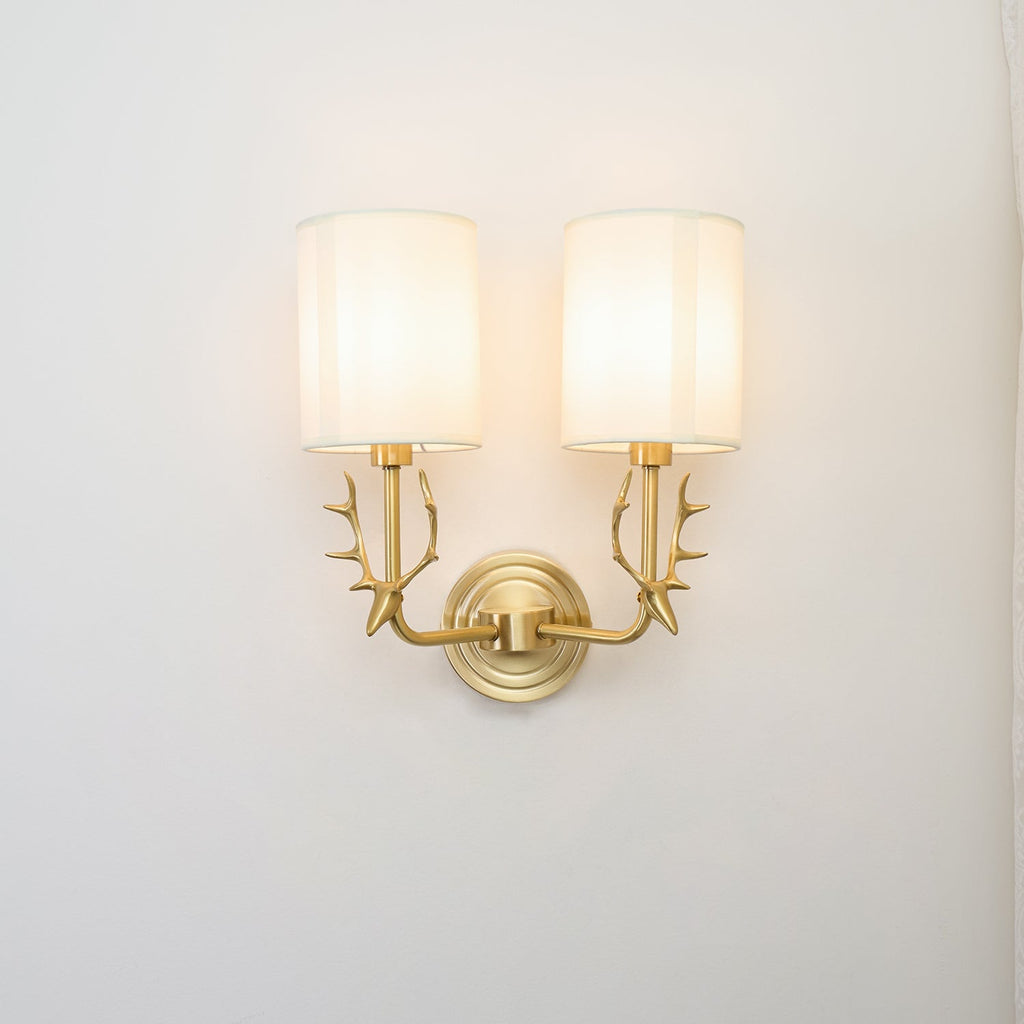 Deer Head Wall Light, Brass or Blackened, White Linen Shades, E14