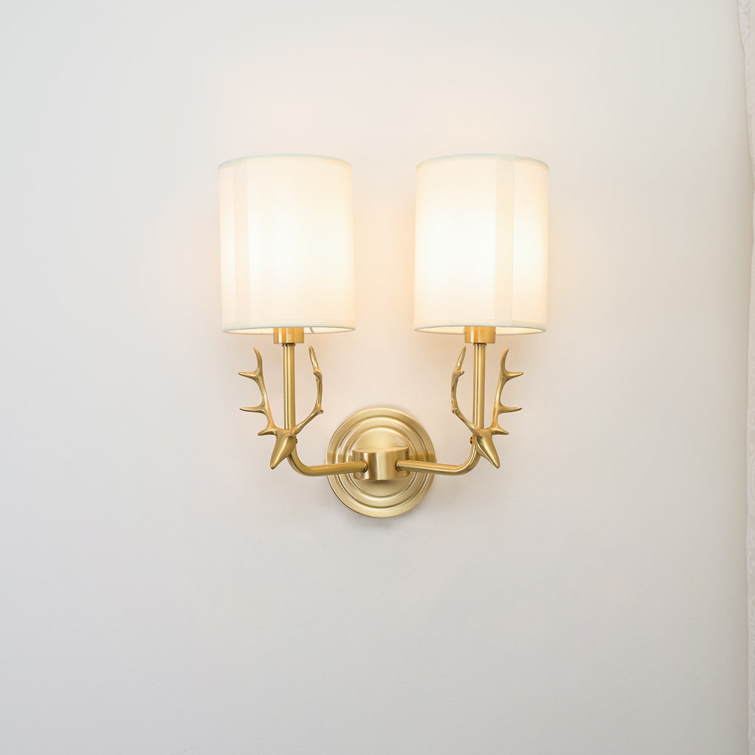 Deer Head Wall Light, Brass or Blackened, White Linen Shades, E14