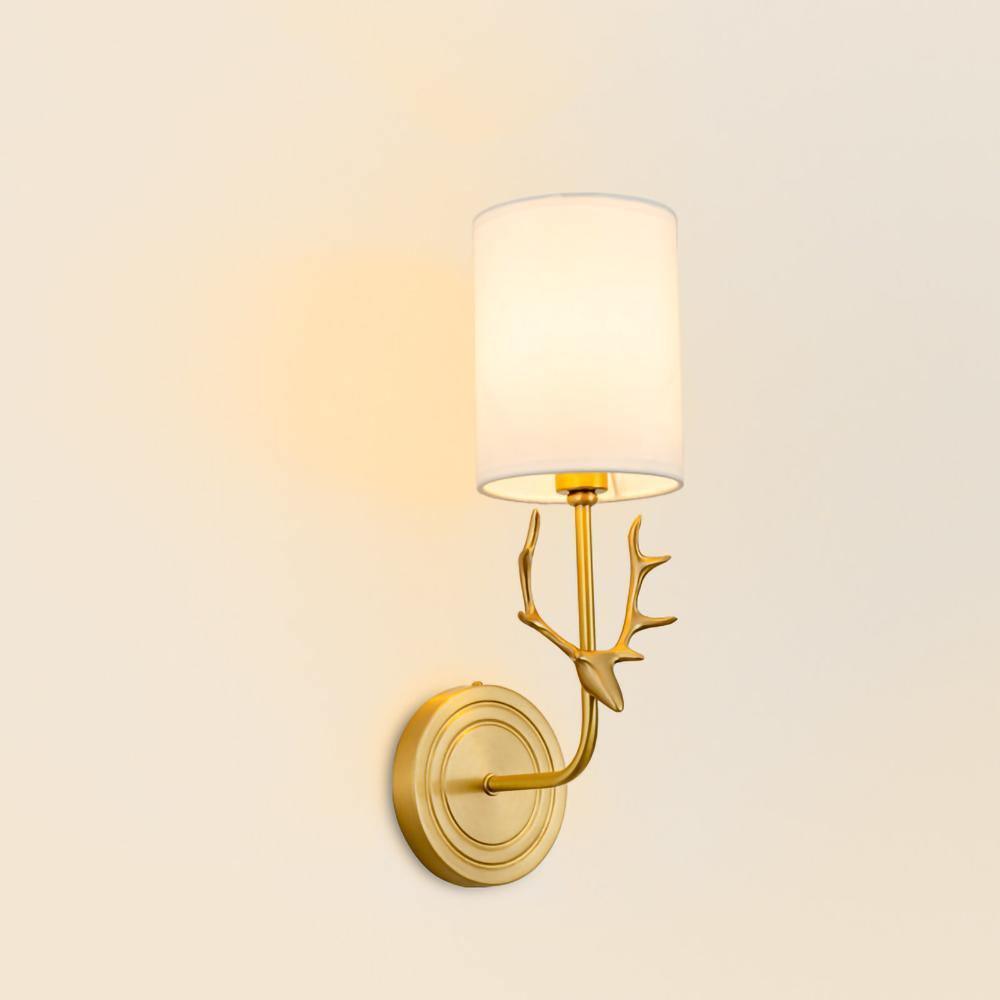 Deer Head Wall Light, Brass or Blackened, White Linen Shades, E14