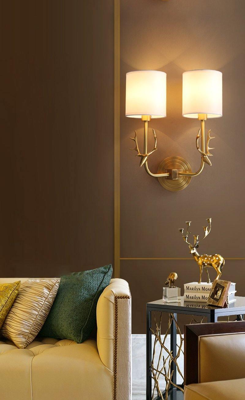 Deer Head Wall Light, Brass or Blackened, White Linen Shades, E14
