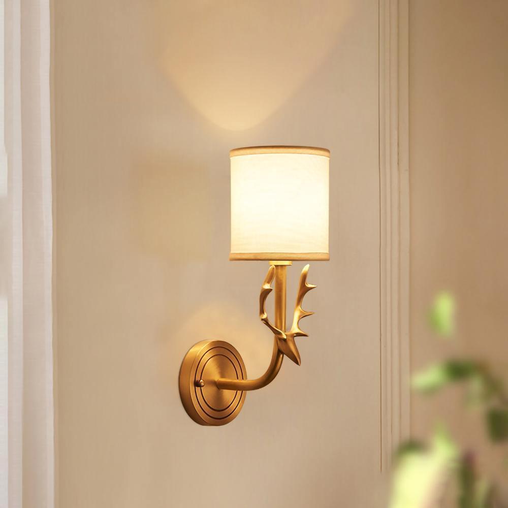Deer Head Wall Light, Brass or Blackened, White Linen Shades, E14